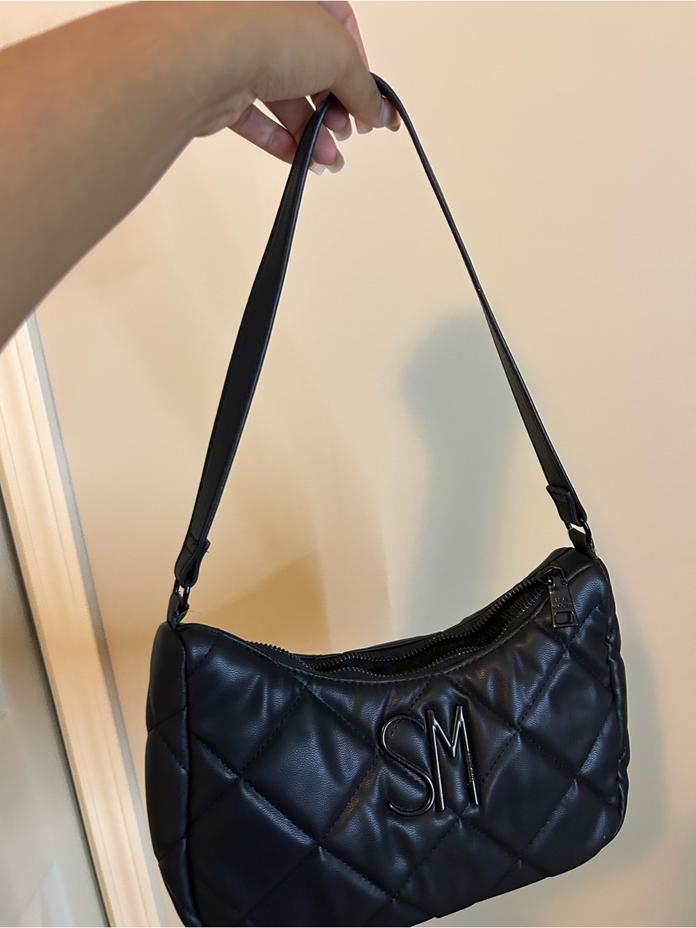 Steve Madden Black Quilted Shoulder Bag with SM Logo